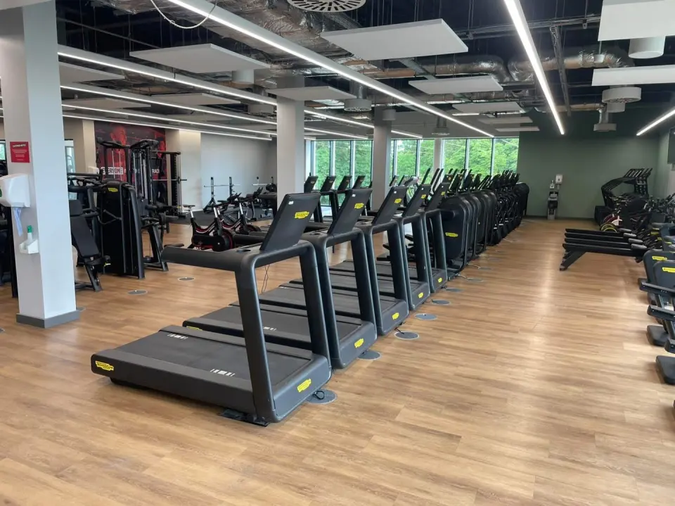 Rows of treadmills and weights machines in the gym