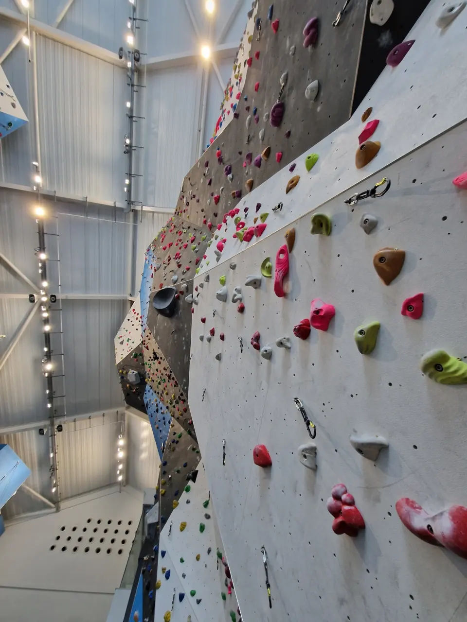 Looking up the angled panels of the competition wall