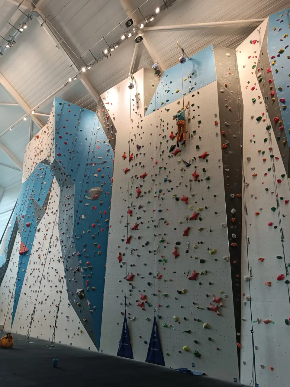 Rope lines and auto-belays on the 15m climbing wall