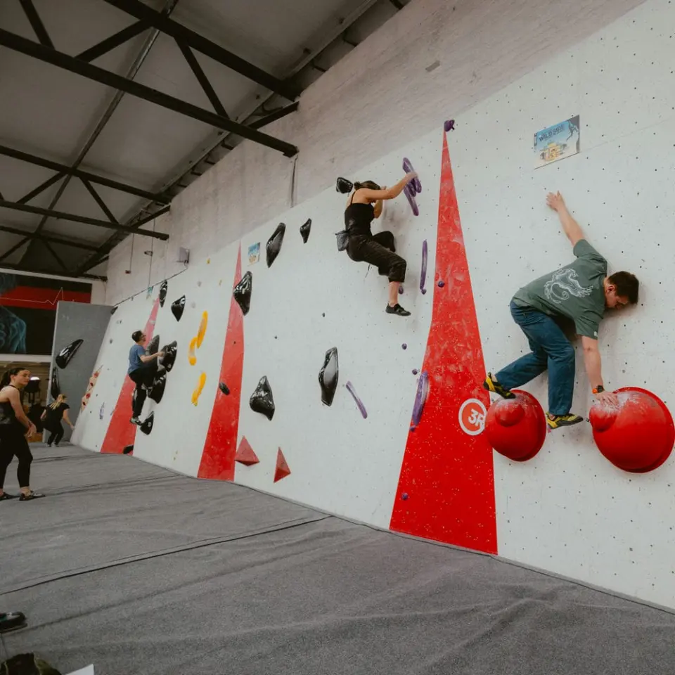 Climbers on the long traverse wall