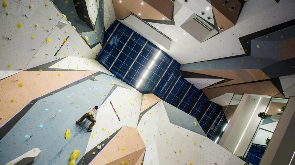 Angular roped climbing walls reaching the roof at Momentum Sofia