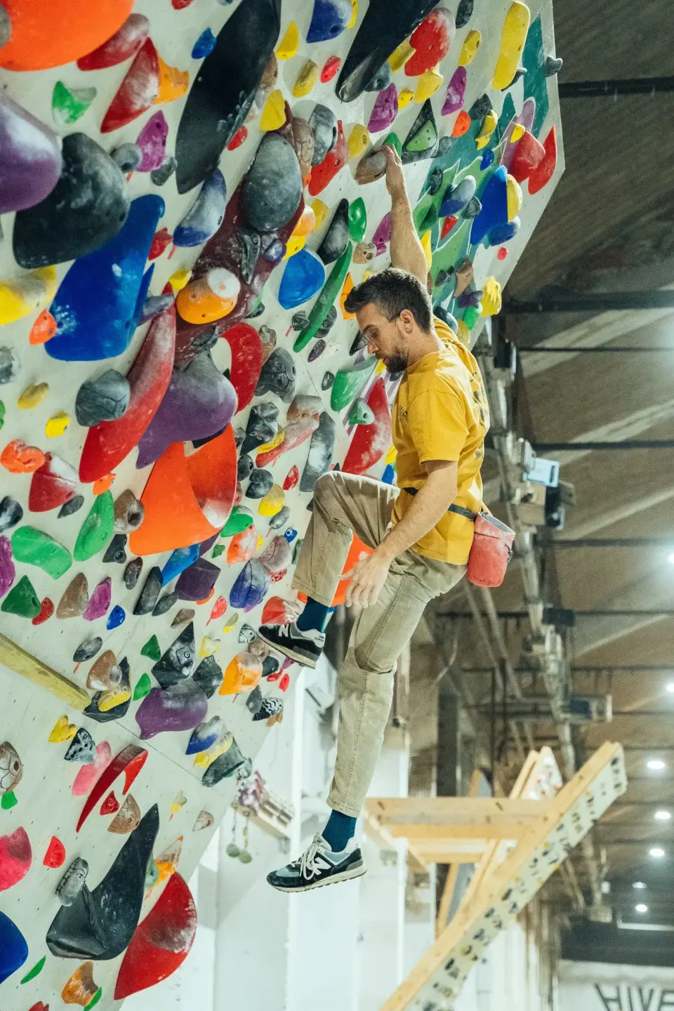 Overhanging bouldering and bright holds inside the Hive Zagreb