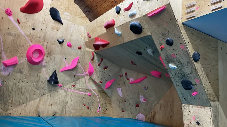 Plywood bouldering walls and pink holds at Flamingo Loophole
