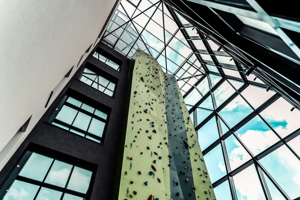 Vema’s indoor climbing tower beneath the glazed roof