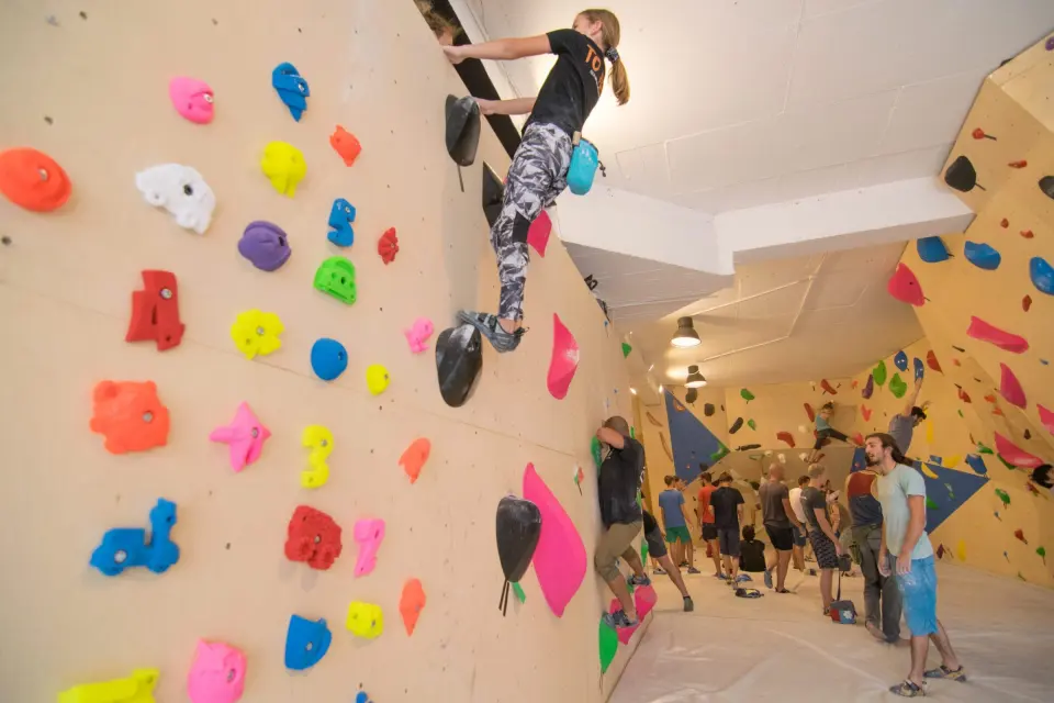 Climbing on TNT’s main set bouldering walls