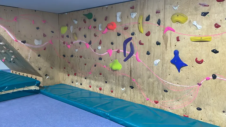 Timber bouldering panels and blue landing mats at Flamingo Loophole