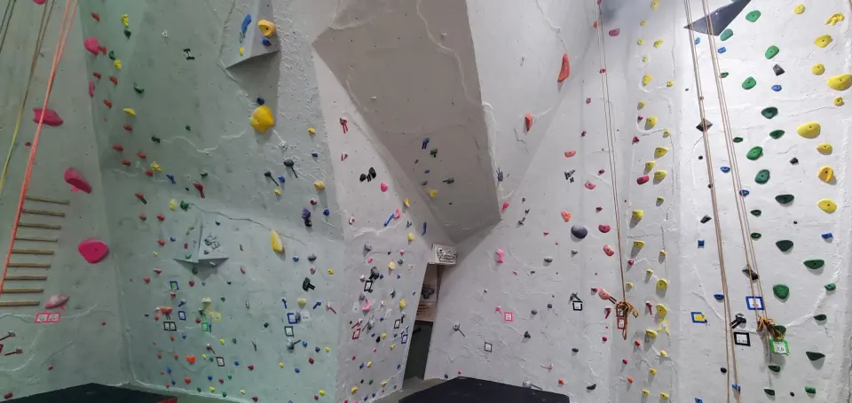 Roped climbing walls in a corner of the gym, with ropes hanging ready
