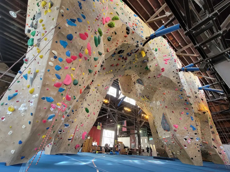 Tall roped walls arching beneath the steel roof trusses