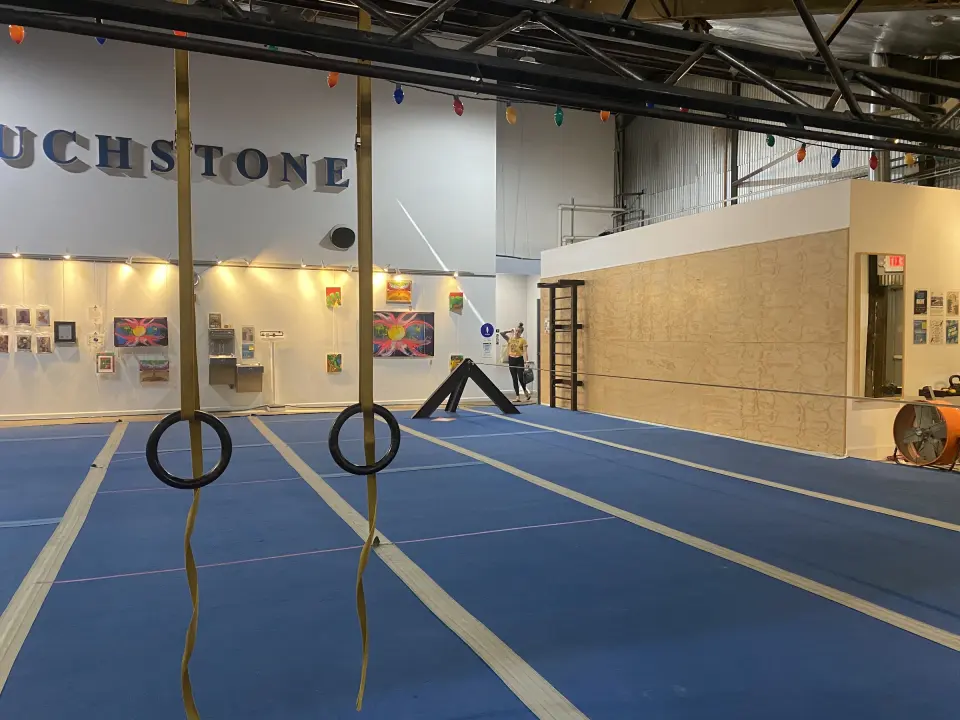 Stretching area with gymnastic rings and wall bars