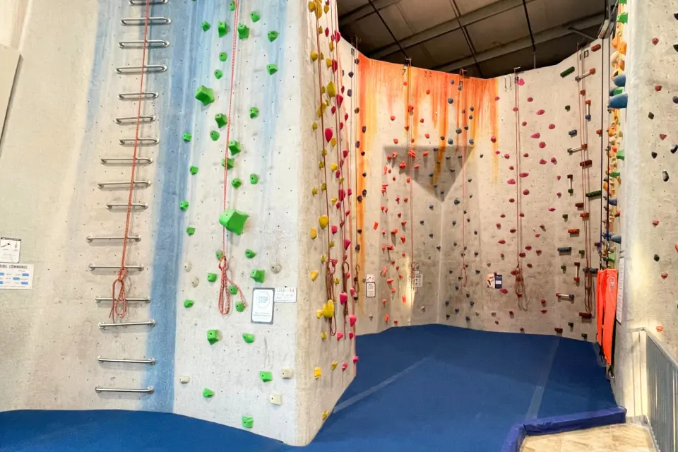 Kids' climbing area with short roped walls and a ladder