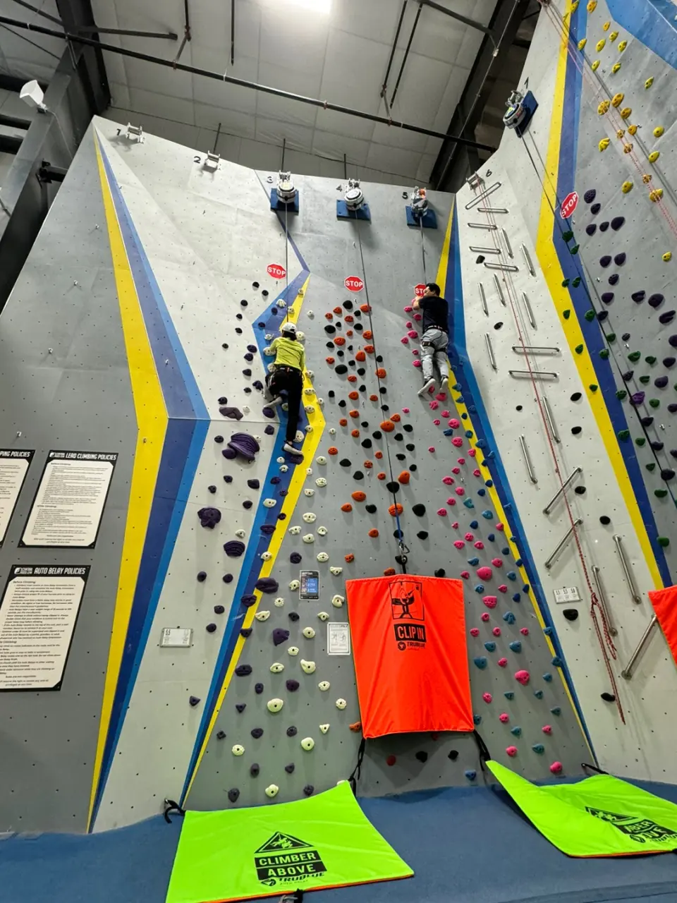 Climbers on the auto-belay wall, with numbered auto belays at the top