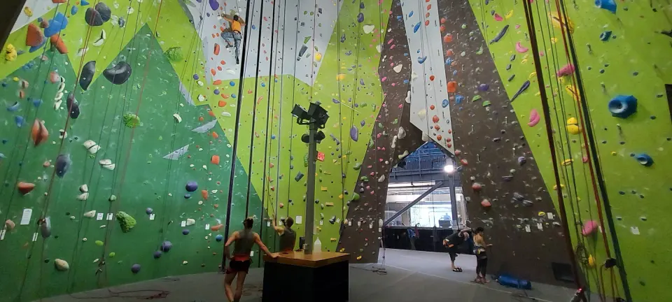 The roped area with tall green and grey lead walls