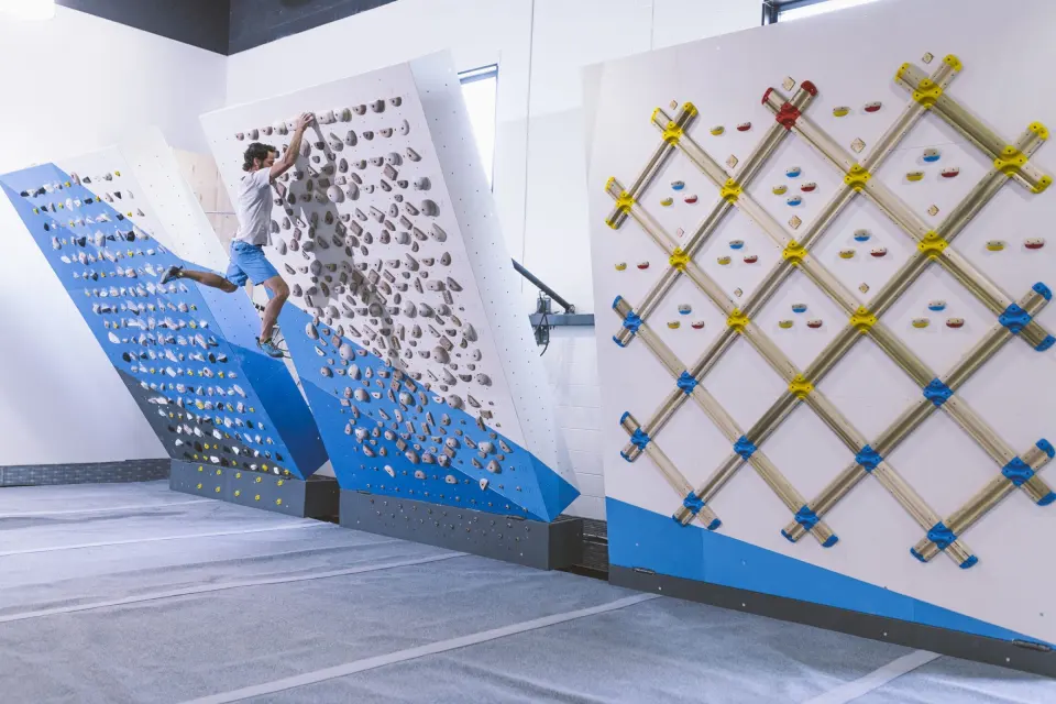 Training area with steep boards and a lattice of wooden rungs