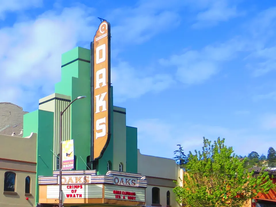 The Oaks Theater's vertical sign and marquee on Solano Avenue