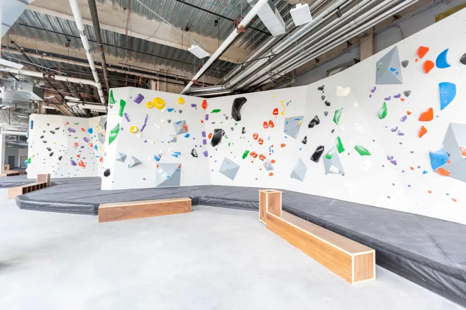 White bouldering walls with colourful holds above black matting and wooden benches