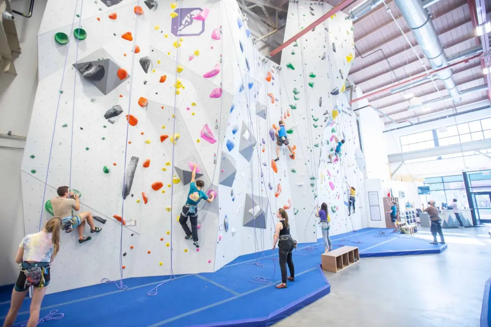 Climbers on top-rope and lead routes across the white walls