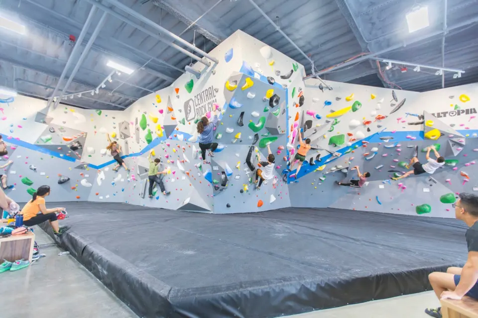 Climbers spread across the bouldering walls below the Central Rock Gym logo
