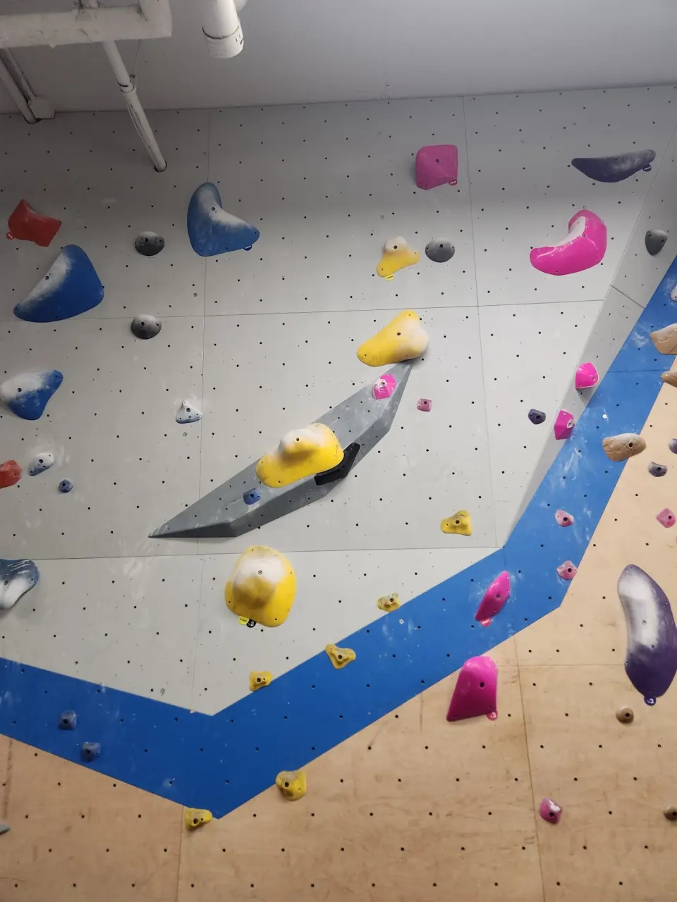 Slab panel with colourful holds above a blue stripe