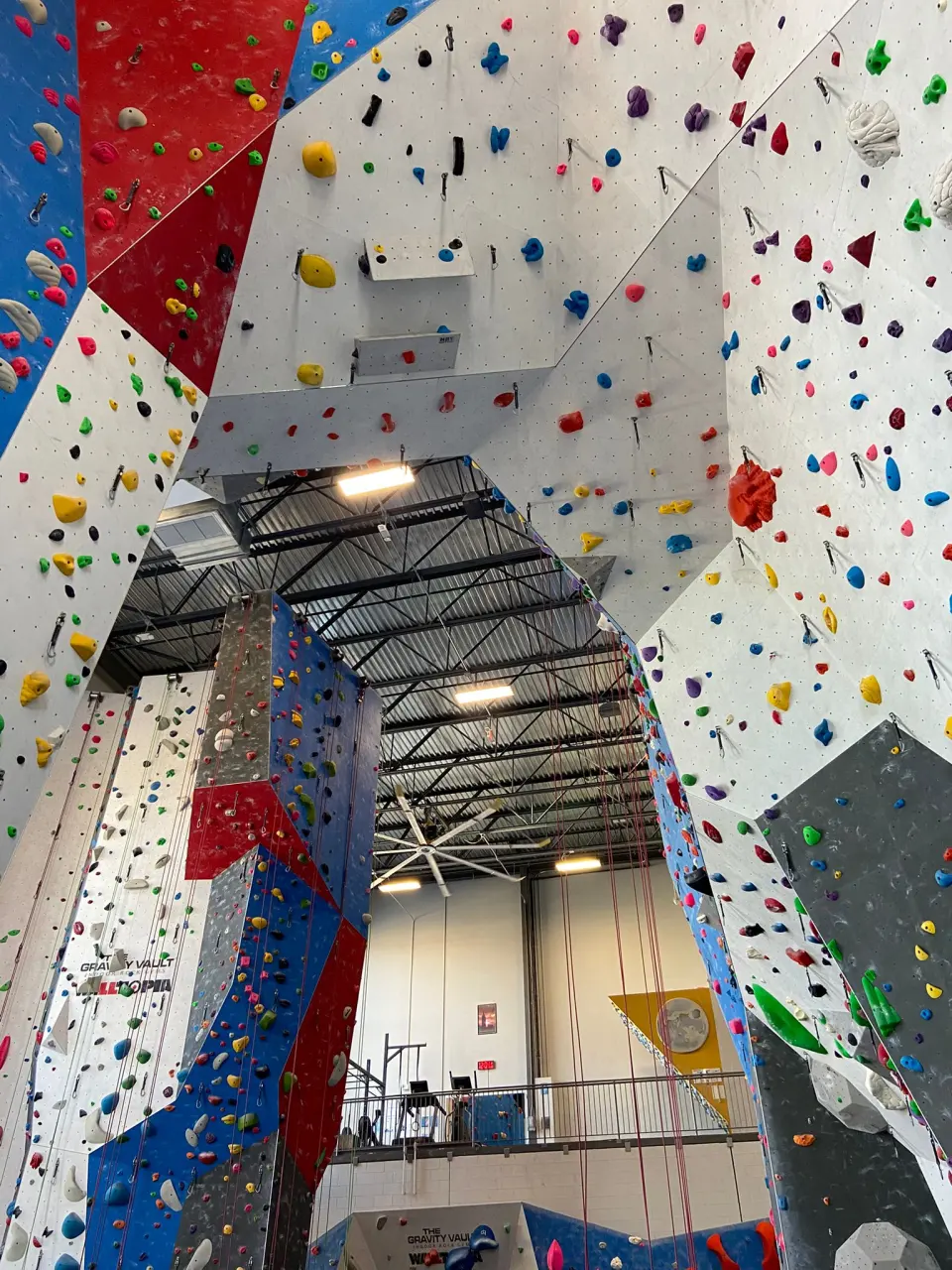 Looking up through the lead arch towards the MoonBoard and fitness mezzanine