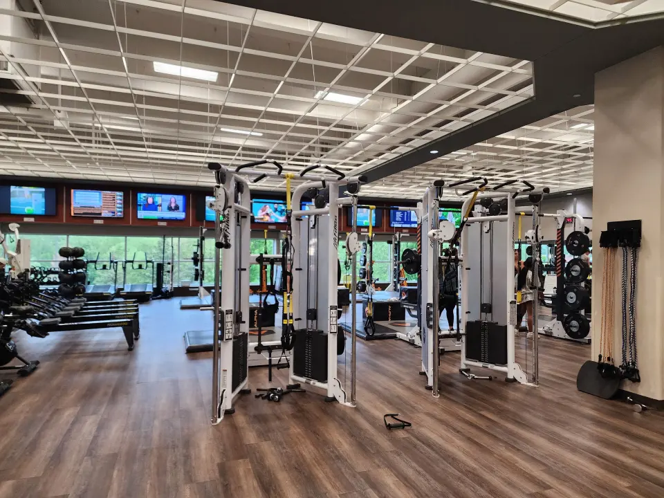Cable machines and racks on the workout floor