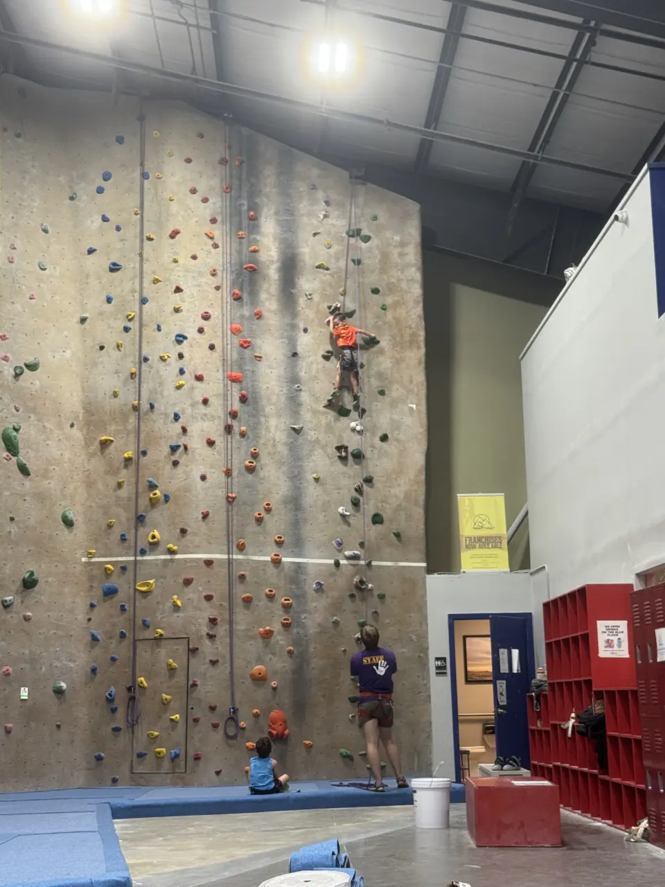 Climbers high on a tall roped wall