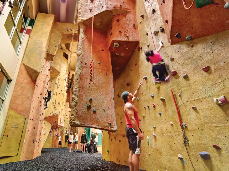 Climbers on the tall sculpted rock wall in the atrium, with overhanging features and a mulch floor