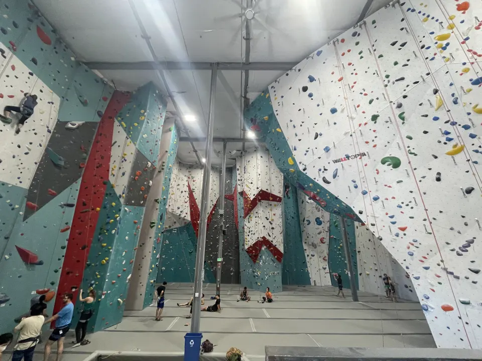 The tall roped walls of the main climbing hall