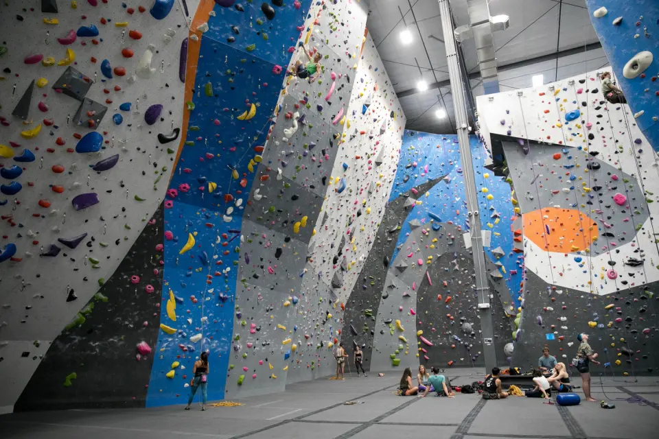 Tall roped walls in the main climbing hall