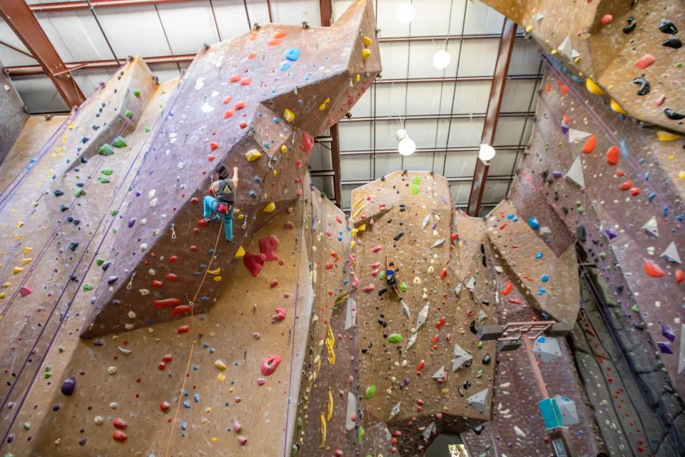 Tall angled rope walls with climbers high on the routes