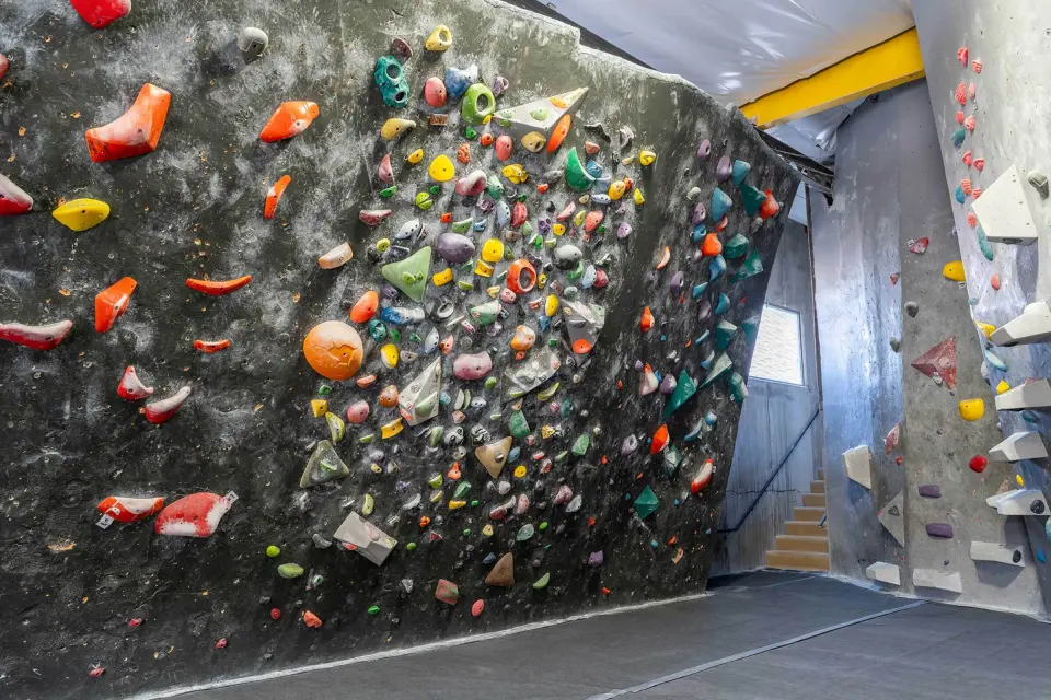 Dark bouldering wall packed with red, orange and green holds