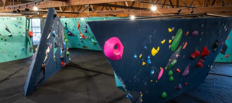 Leaning navy boulders and mint-green walls under the wooden roof trusses