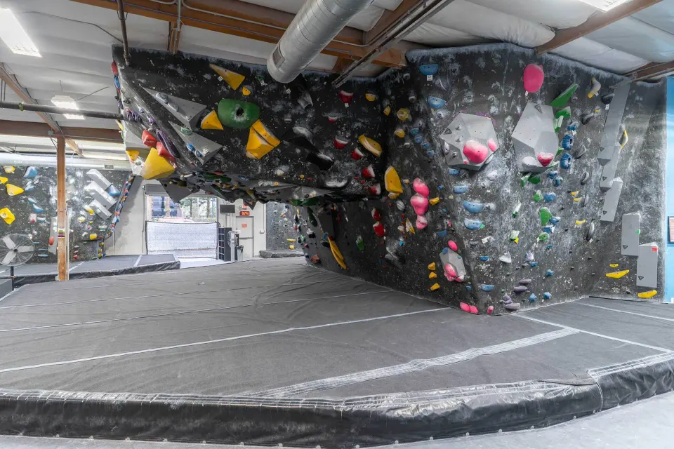 Overhanging bouldering feature studded with holds and volumes