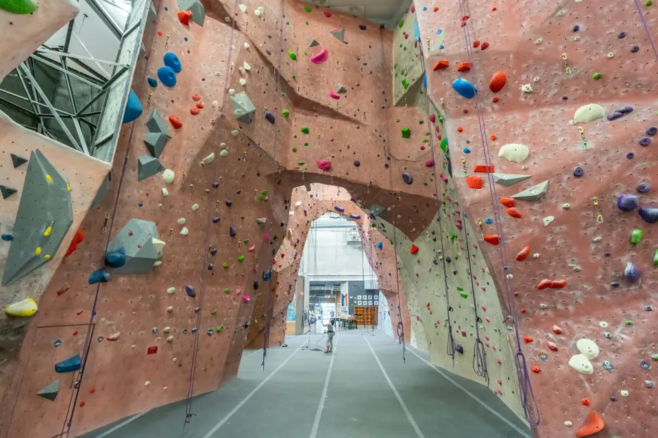 Tall rope walls meeting in an arch over the floor of the main climbing hall