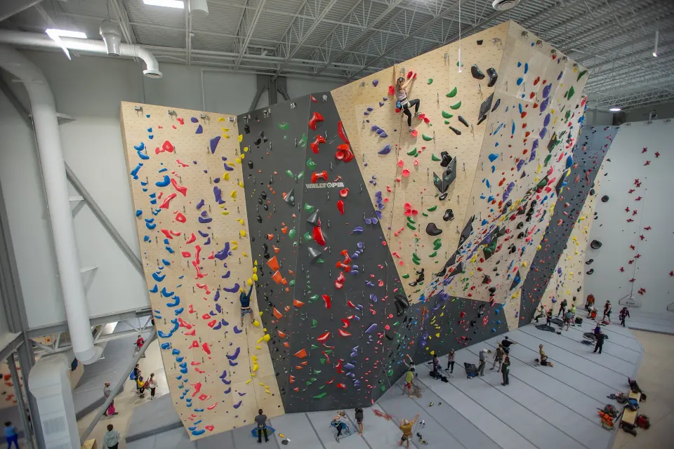 Tall grey and plywood rope walls with climbers on many lines