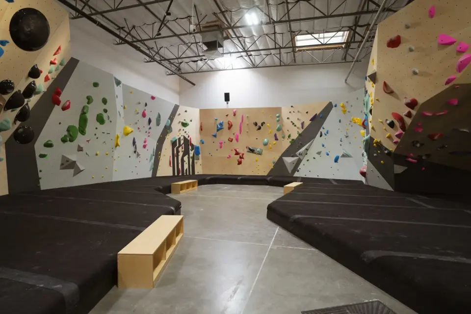 Looking along the bouldering walls from under the overhang