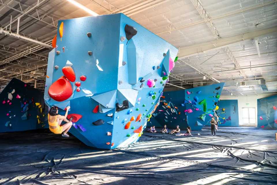 Freestanding blue boulder under the warehouse roof