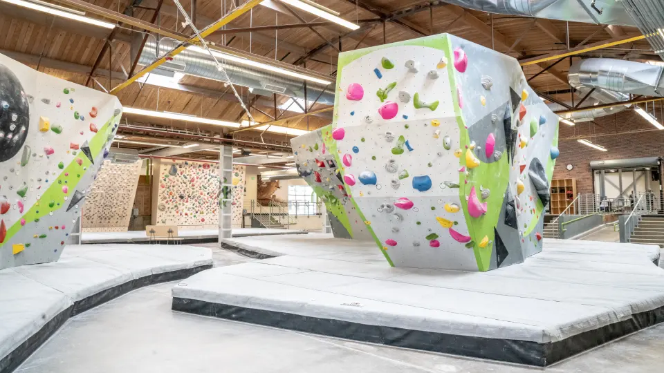 Free-standing boulder with deep matting under the timber roof