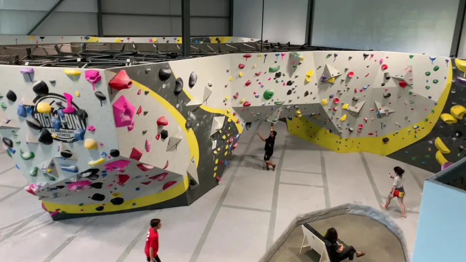 Bouldering area with curved, overhanging walls