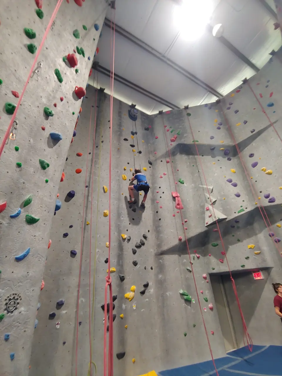 Climber high on a tall rope wall with overhanging features