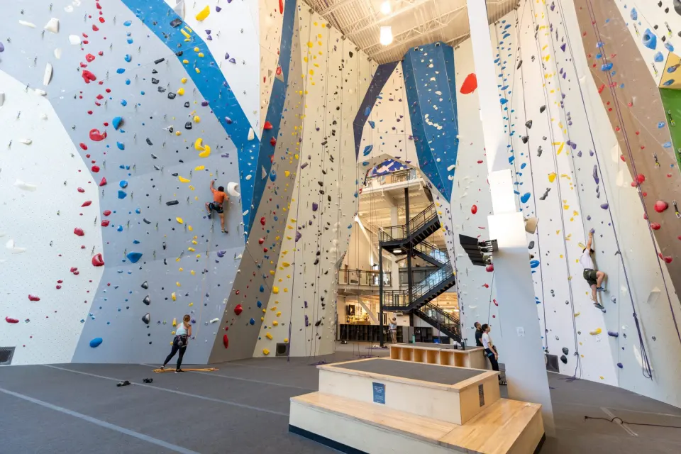 Climbers on the tall roped walls beside the stairs to the upper floors