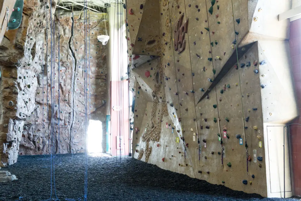 Rock-textured rope walls rising to the roof