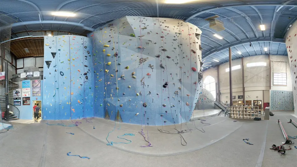 Blue and grey roped walls in the main climbing hall