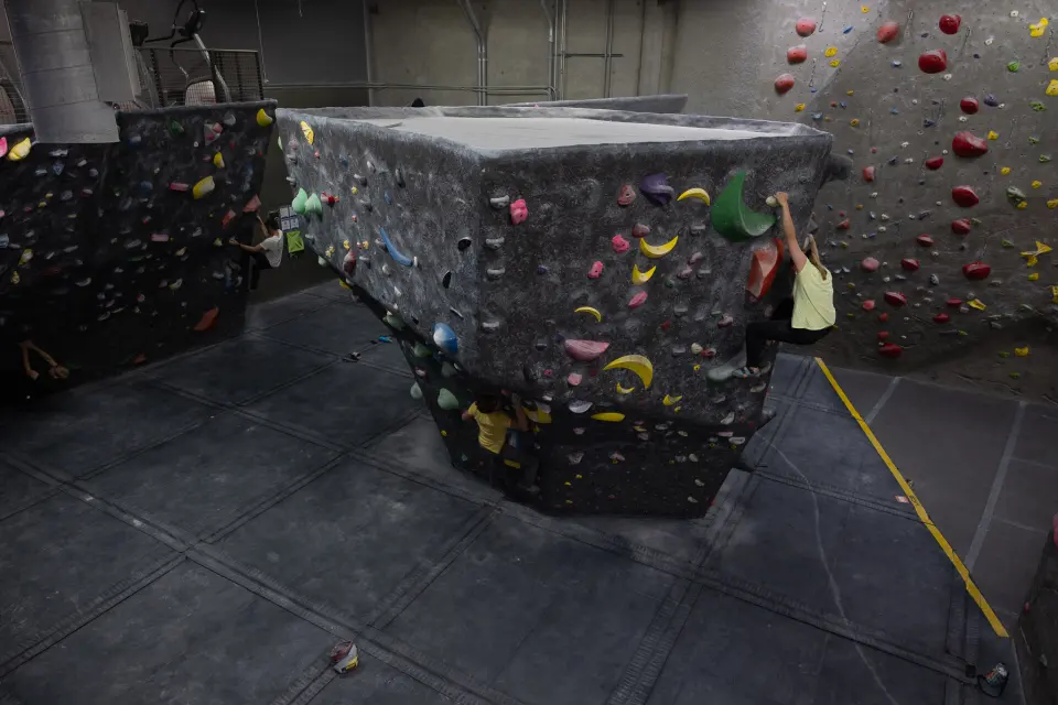 A dark freestanding boulder in the bouldering area