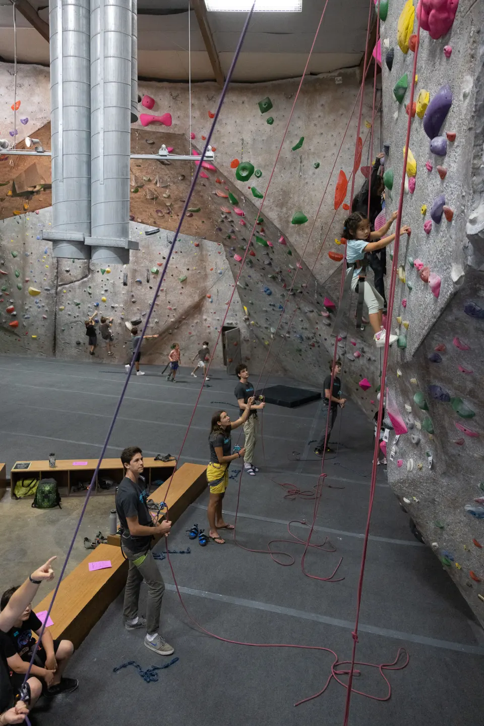 Climbers and belayers in the roped area