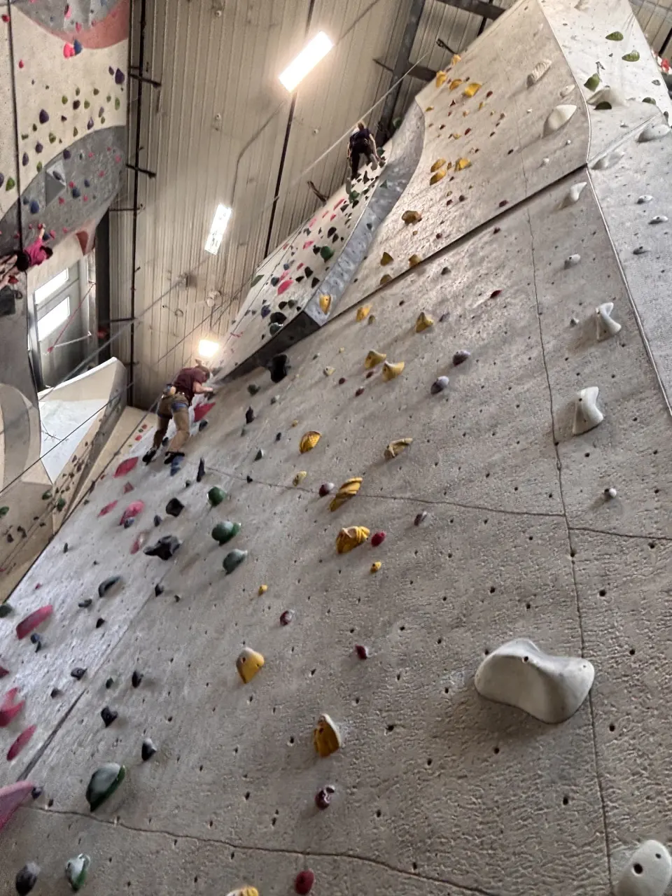 Climbers high on a long slab rope wall