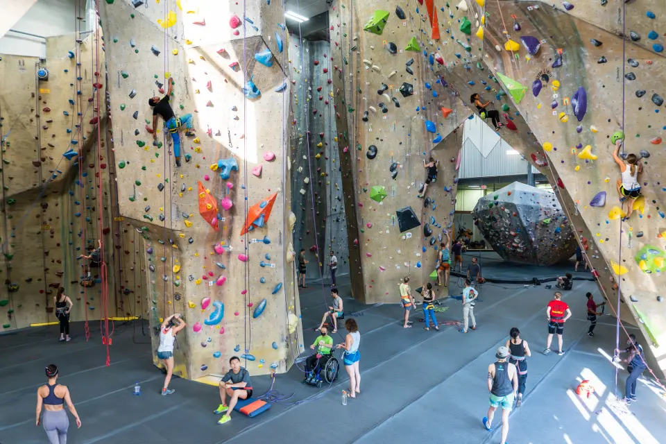The 40 ft main hall with roped walls and climbers