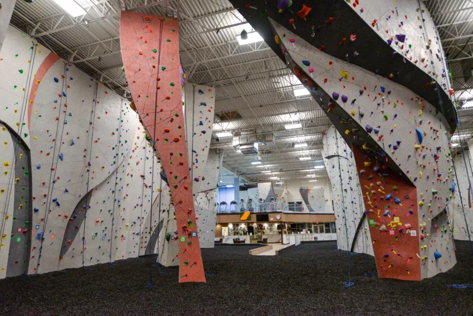 Rope walls with red and grey ribs across the main climbing hall