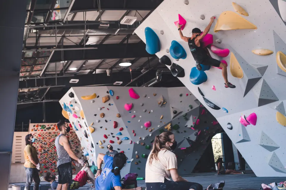 Climbers on the overhanging boulders upstairs