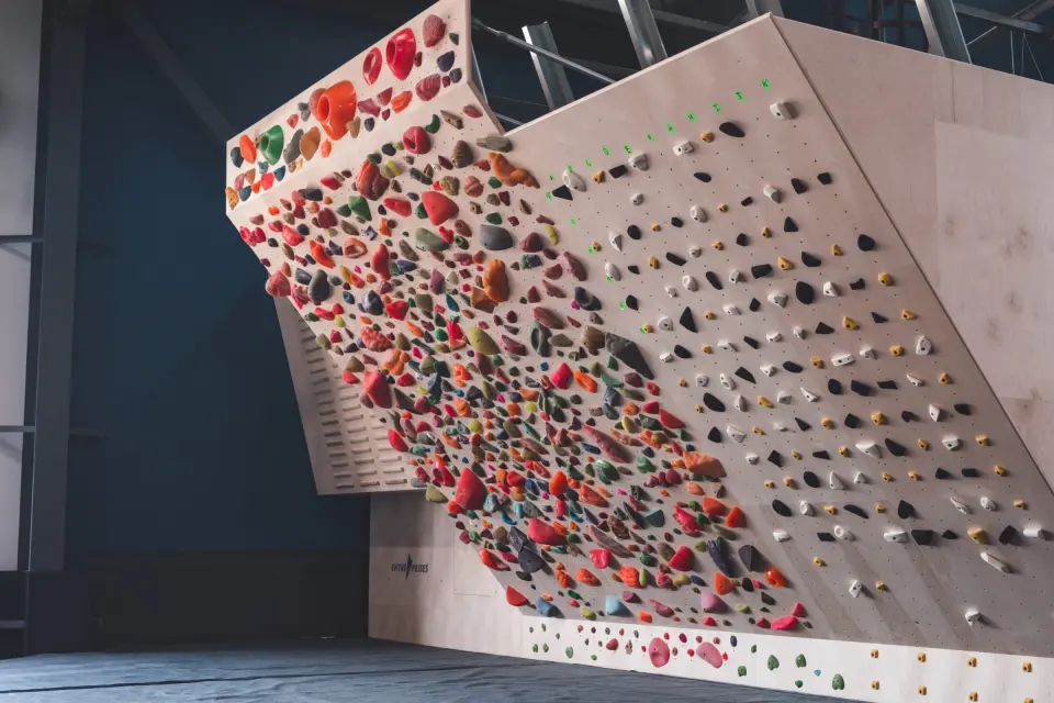 Steep spray wall covered in holds