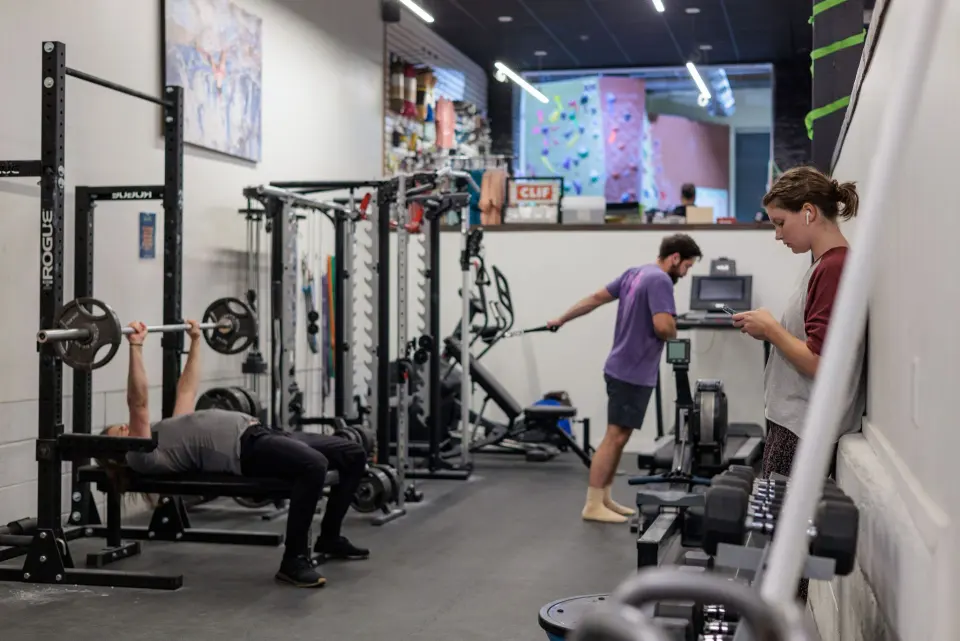 Fitness room with squat racks, dumbbells and a cable station